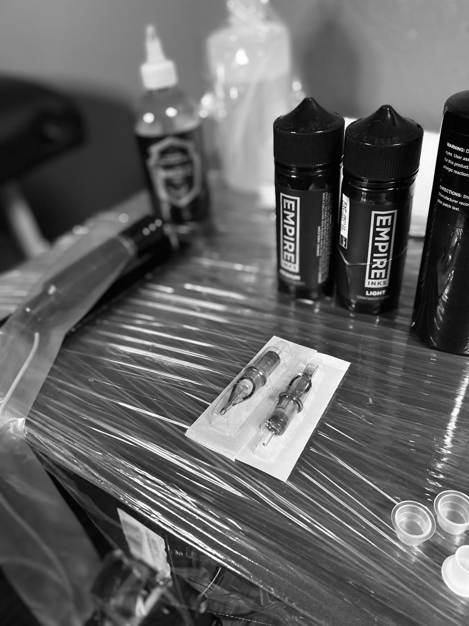 Taylor's tattoo station, wrapped and set up with fresh supplies.